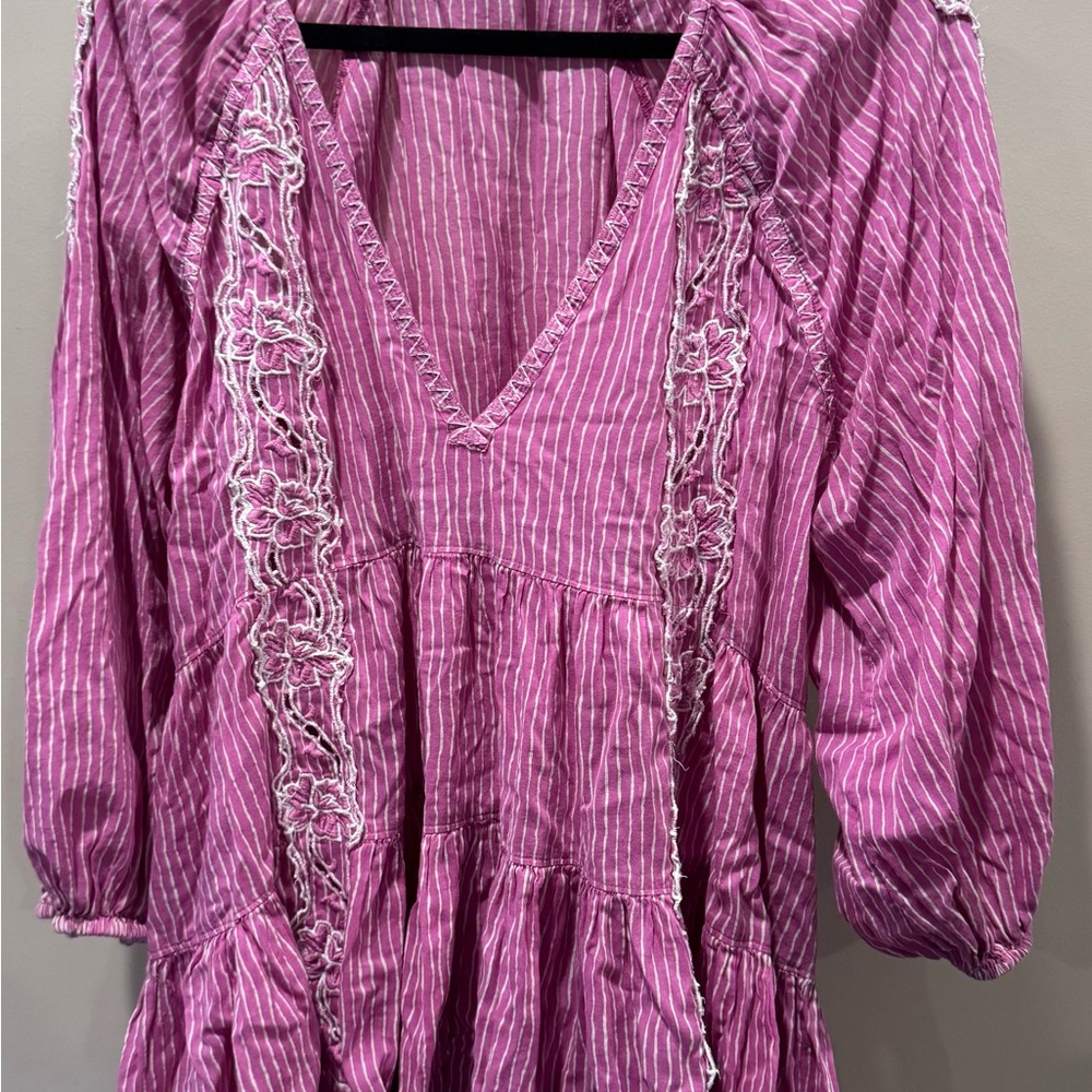 Free People Pink Striped Mini Dress with Floral Embroidery